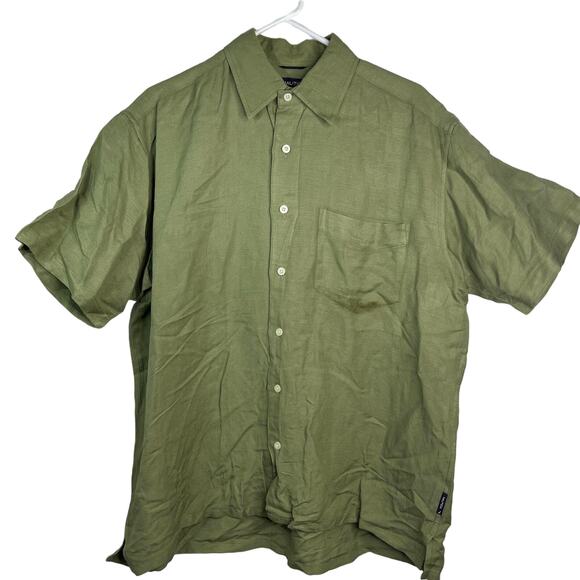 Nautica men's casual untucked or tucked shirt button down LINEN size large green - Picture 1 of 16